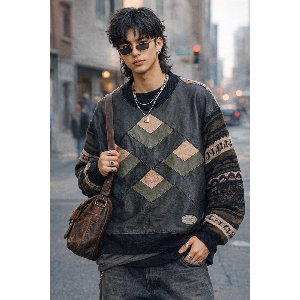 Vintage Trutus Biancarra Leather Patchwork Sweater Mixed Media Streetwear XL